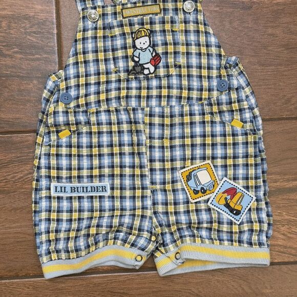 *Vintage Baby Boy Overalls 6-9M Blue Yellow Plaid Lil Builder Construction Theme - Picture 2 of 9